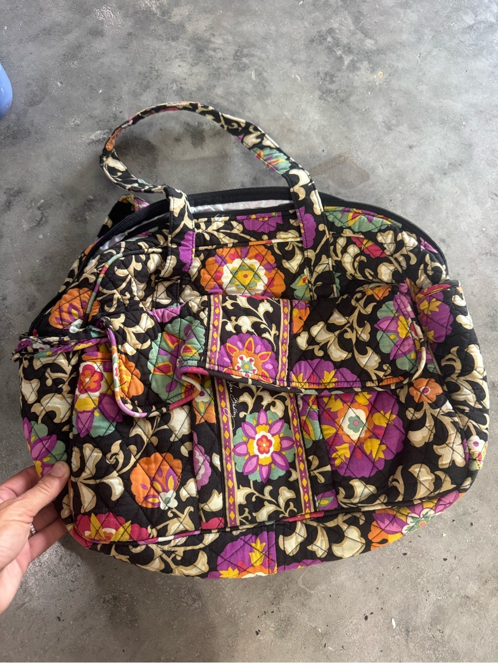 Vera Bradley Black Quilted Floral Tote with Purple, Orange and Cream Accents